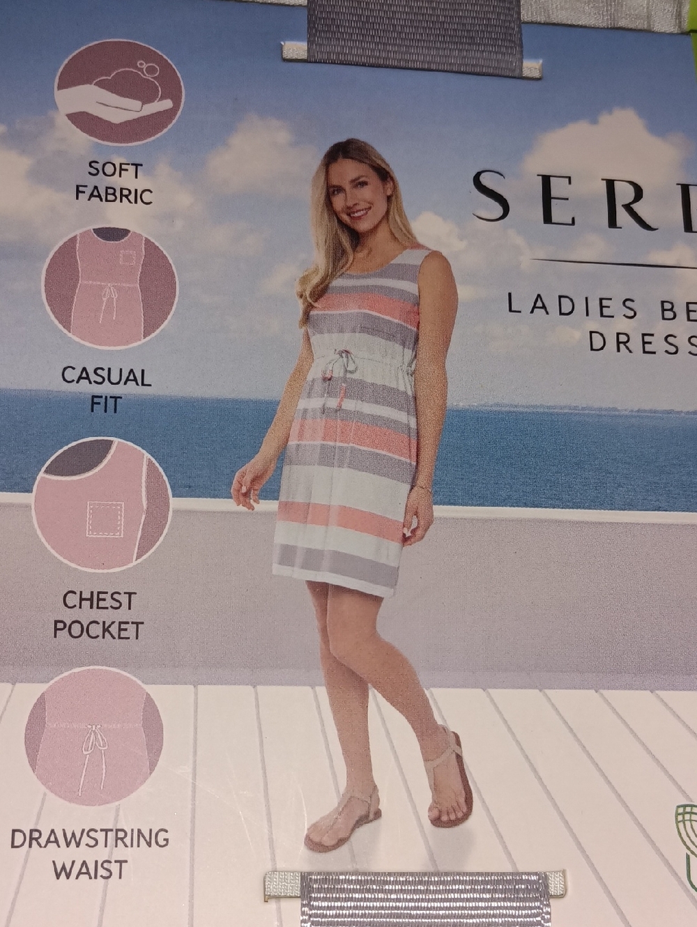Serra Striped Beach Dress in Coral, Light Gray & White